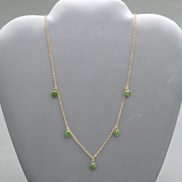 Estate Jewelry - Vintage 14K Gold Filled Jade Heart Necklace 16" Five Station Dangle Minimalist